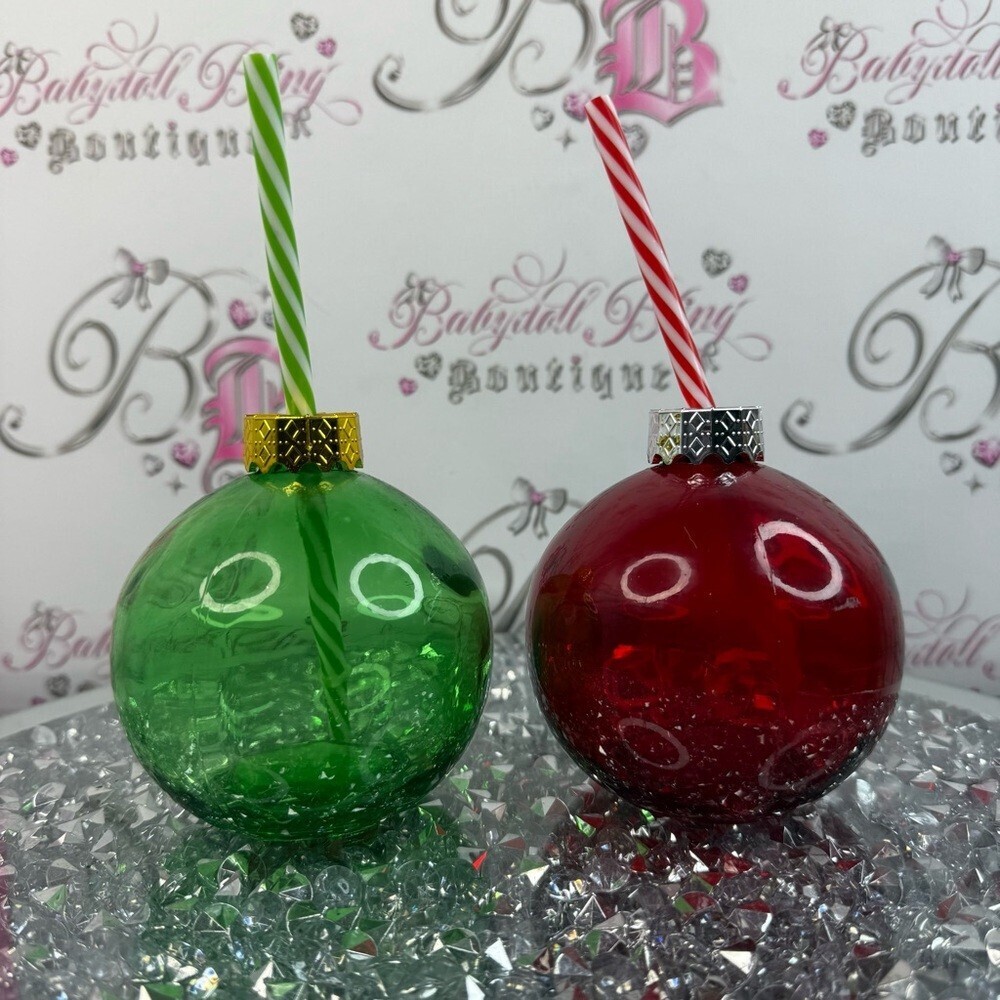 Holiday Glass Ball Drink Tumbler with Straw - Green & Red